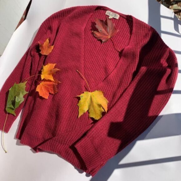 Long Sleeve Cable Knit Fuchsia Pink Wrap V Neck Sweater Ribbed Hems Women's XL - Picture 5 of 14